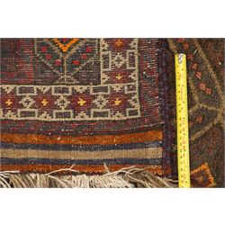Two hand-knotted rugs, comprising Persian medallion rug and tribal rug, Persian hand-knotted rug, ivory ground centred by shaped floral medallion with pendants, surrounded by stylised flowerheads and foliate motifs, enclosed by multiple floral and geometric borders, H155cm, W123cm; tribal hand-knotted rug, dark brown ground with repeating linked geometric diamond medallions in orange and green, enclosed by ivory geometric border, striped ends with fringes, H150cm, W71cm
