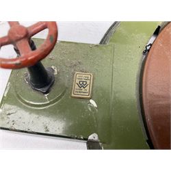 '0' gauge - Bing tin-plate two-storey double sided station with open walk-through to one end, rail side canopy, hinged doors and removable roof giving access to clock illumination L35cm; Bing hand-cranked turntable and open wagon; Marklin tin-plate level crossing barrier and Newspaper vendor's tin-plate four-wheel hand cart (5)