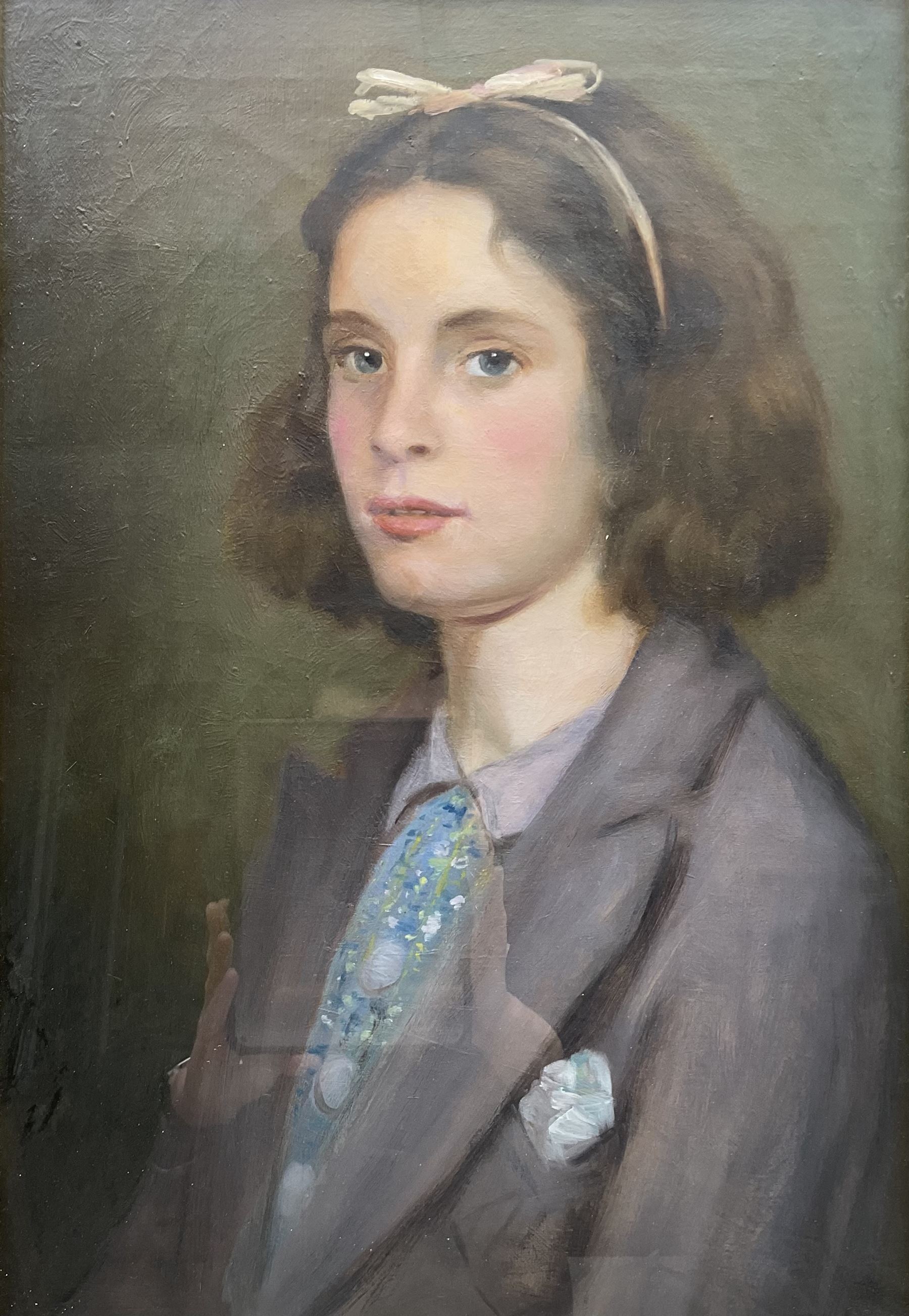 English School (Early 20th century): Young Girl with a Bow, oil on canvas unsigned 52cm x 34cm