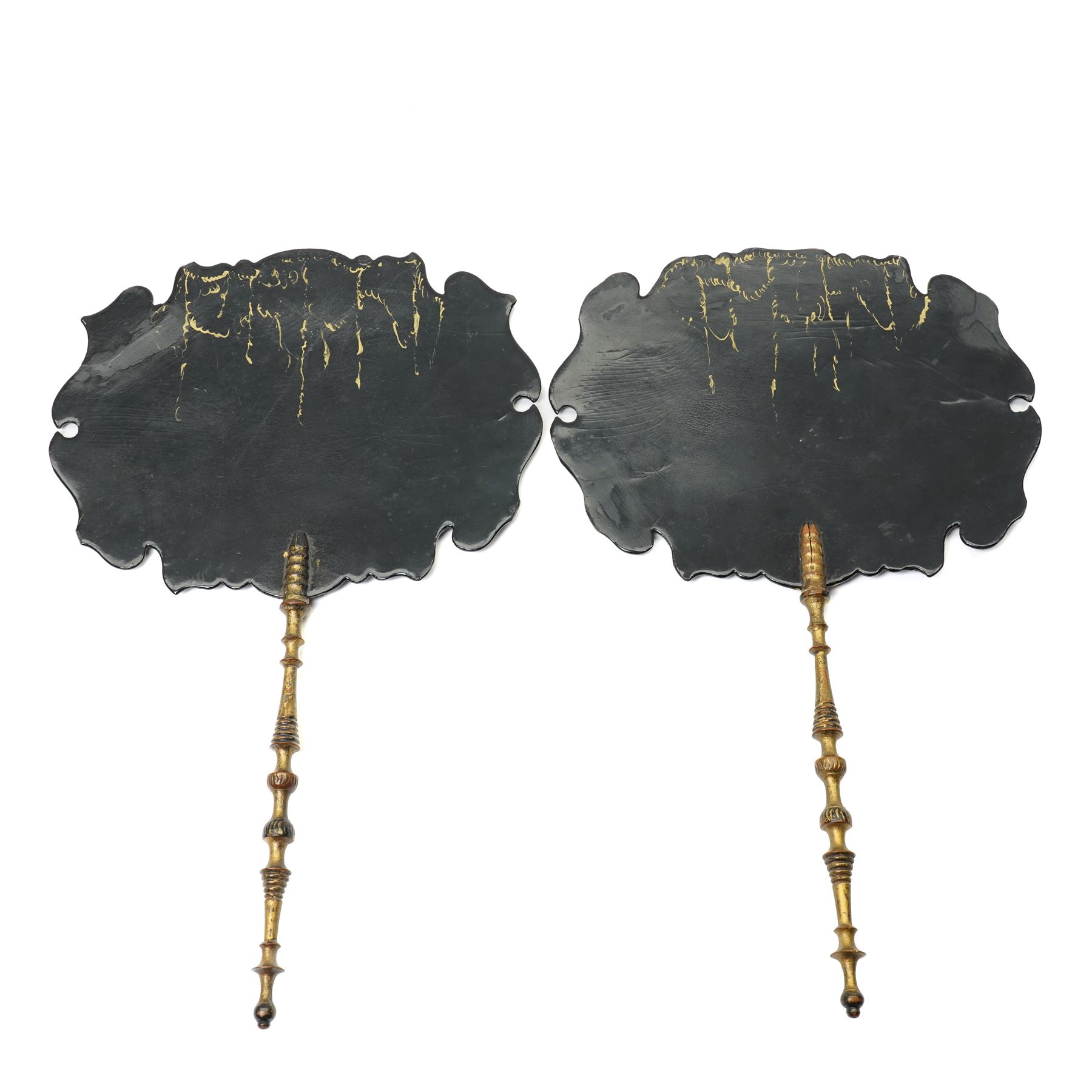 Pair of Victorian lacquered papier mache face screens, with inlaid mother of pearl decoration and painted with flowers, H39cm 