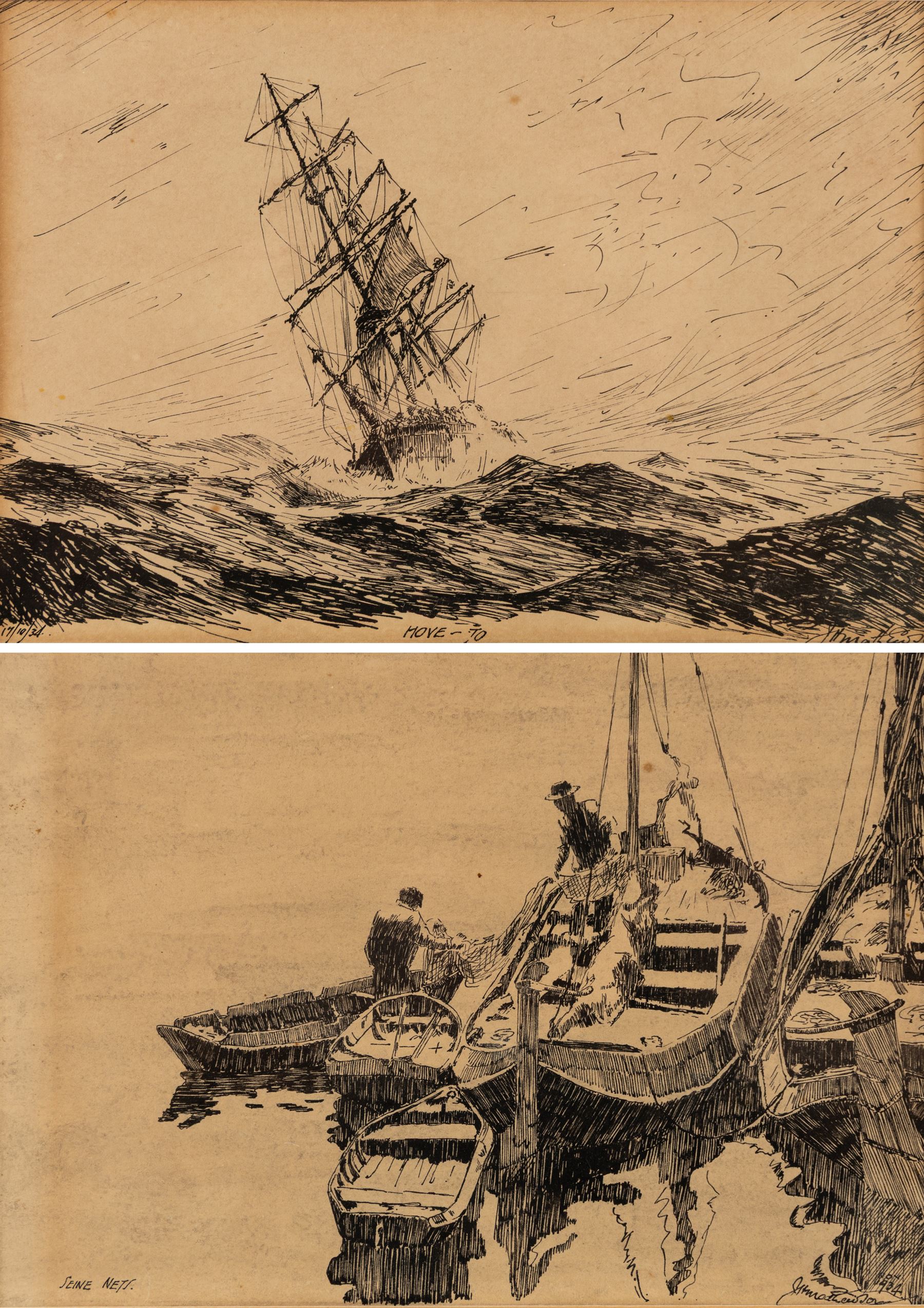 Matthewson (20th Century) after Arthur John Trevor Briscoe (British 1873-1943): Hove - To and Seine Nets, pair of pen and ink drawings indistinctly signed titled and dated 17/10/34 and 1934 (2)