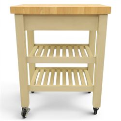 T & G Woodware - 'Pembroke Trolley' contemporary butchers block kitchen trolley, single drawer, two tiers of shelving raised on castors