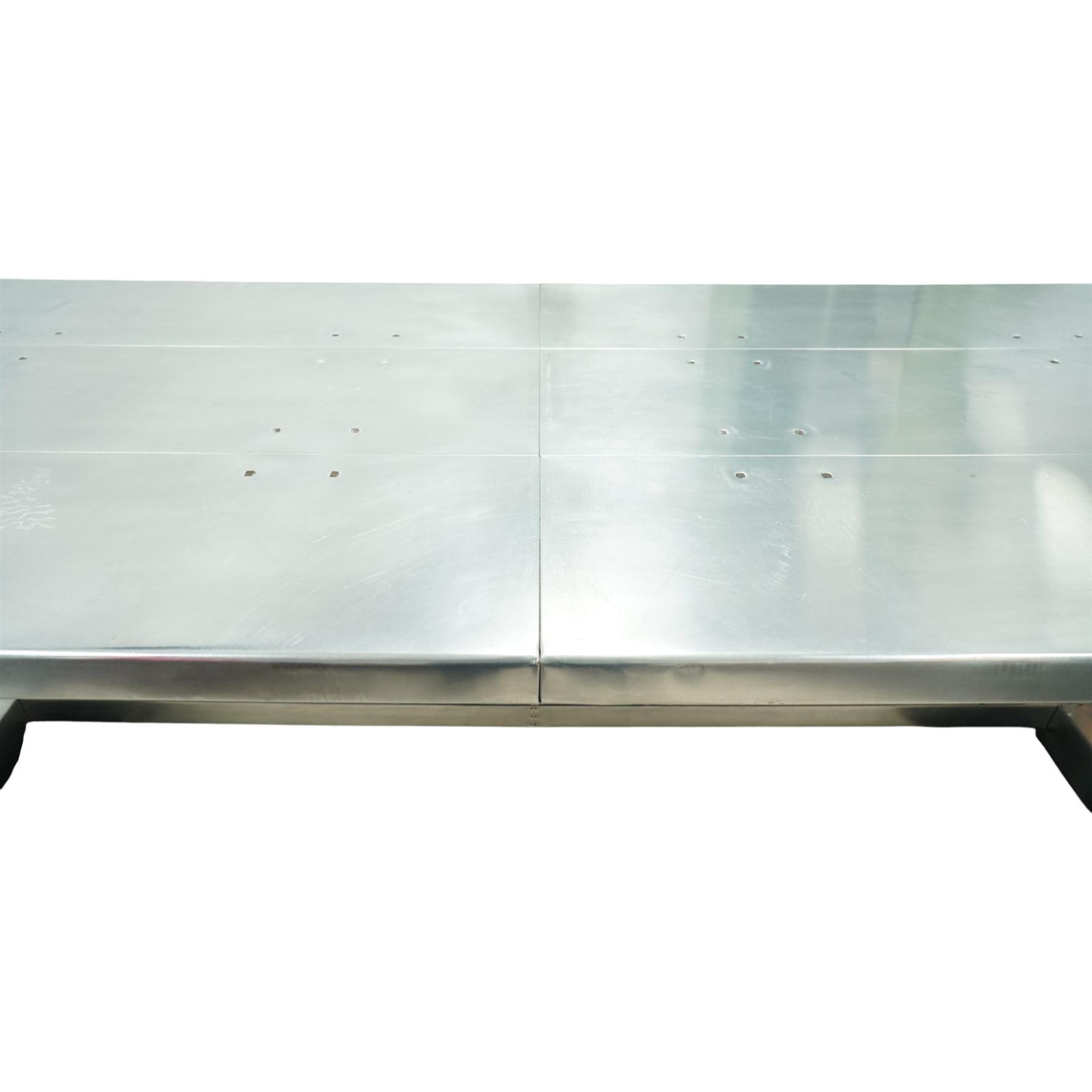 Timothy Oulton - Boston Aero aluminium dining table, rectangular riveted aluminium clad top on matching angular supports with stretchered base