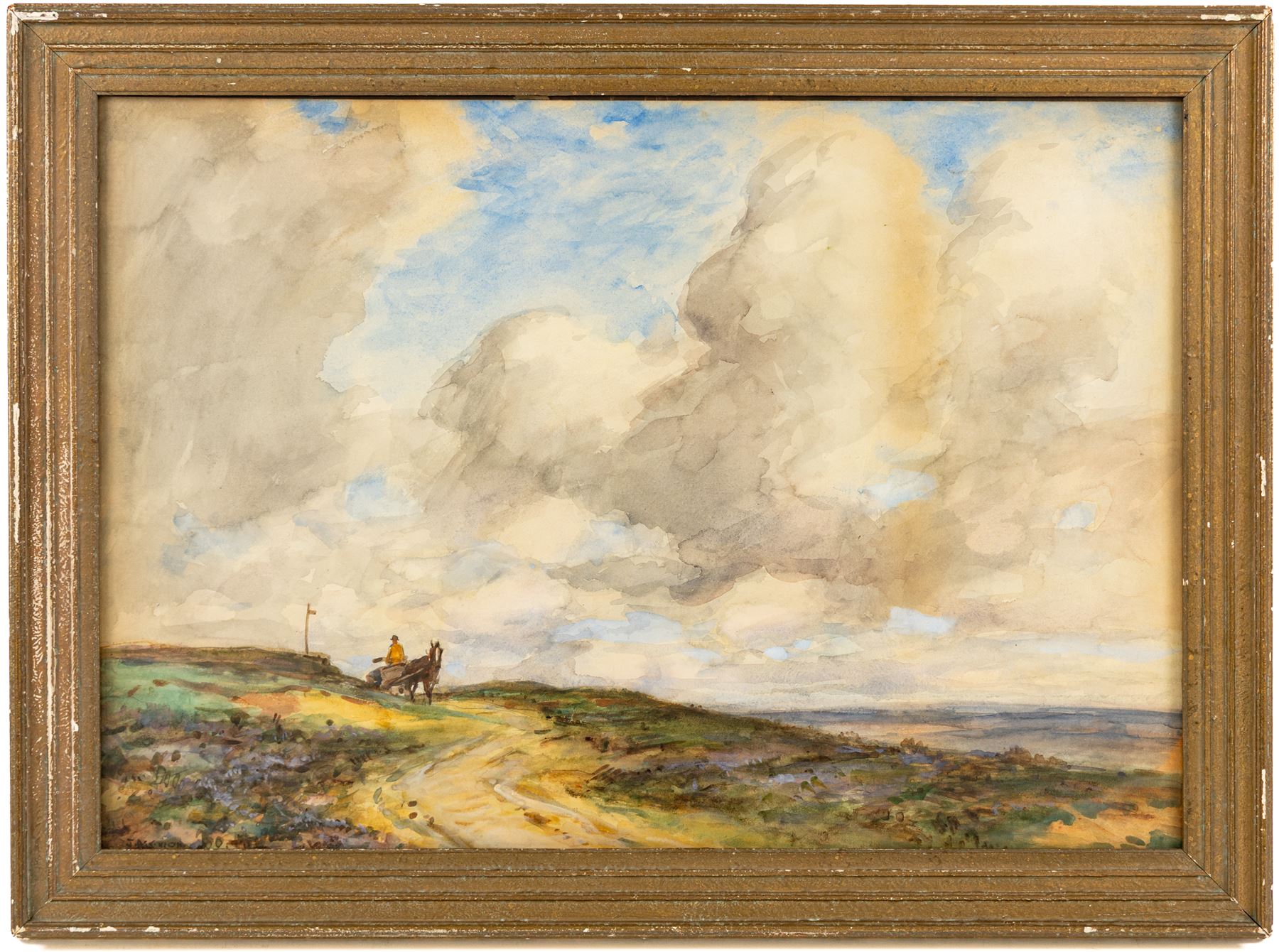 John Atkinson (Staithes Group 1863-1924): Heavy Skies over the Moors near Whitby with Lone Horse Drawn Cart, watercolour signed 38cm x 55cm