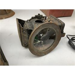 Collection of cast iron lamps, predominantly railway and coach examples, to include John Phillips Light of London Lamp Co coach lamp and Lito bicycle lamp by Miller & Co of Birmingham, etc