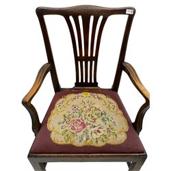 Early 19th century elm side chair, shaped cresting rail over vasiform splat with pierced decoration (W53cm, H96cm); Hepplewhite period mahogany side chair, shield back with pierced splat, on square tapering supports with spade feet (W55cm, H99cm); George III walnut elbow chair, shaped cresting rail and moulded frame, upholstered drop-in seat, on square supports with inner chamfer (W59cm, H95cm) (3)