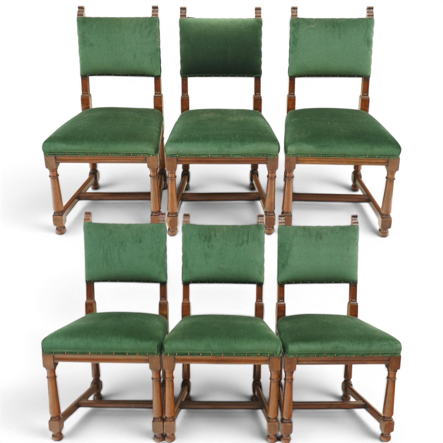 17th century style mahogany set of six dining chairs, with carved scrolled finials, padded green velvet upholstery, block and turned supports united by stretcher  