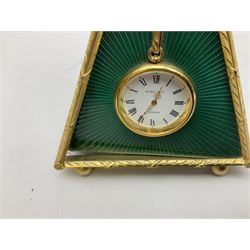 Kitney & Co small desk clock, in green guilloche enamel case of triangular form, decorated with gilt throughout, raised upon two bun feet, H12cm
