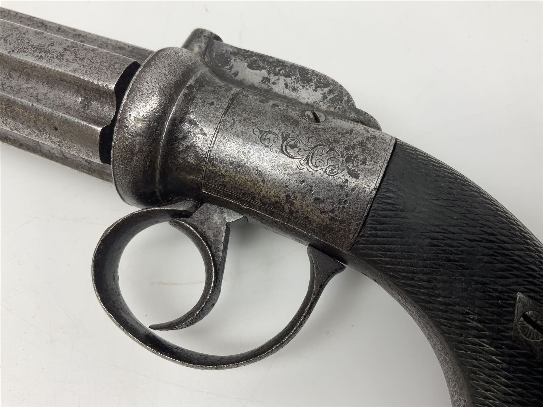 19th century percussion six-shot pepperbox revolver, approximately 32 calibre with 7.5cm barrels, L21cm overall