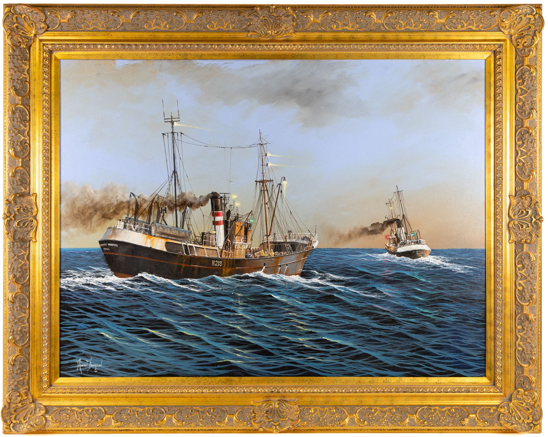 Adrian Thompson (British 1960-): Hull Steam Trawlers Arctic Hunter H218 and St Peter H102, oil on canvas signed 75cm x 100cm