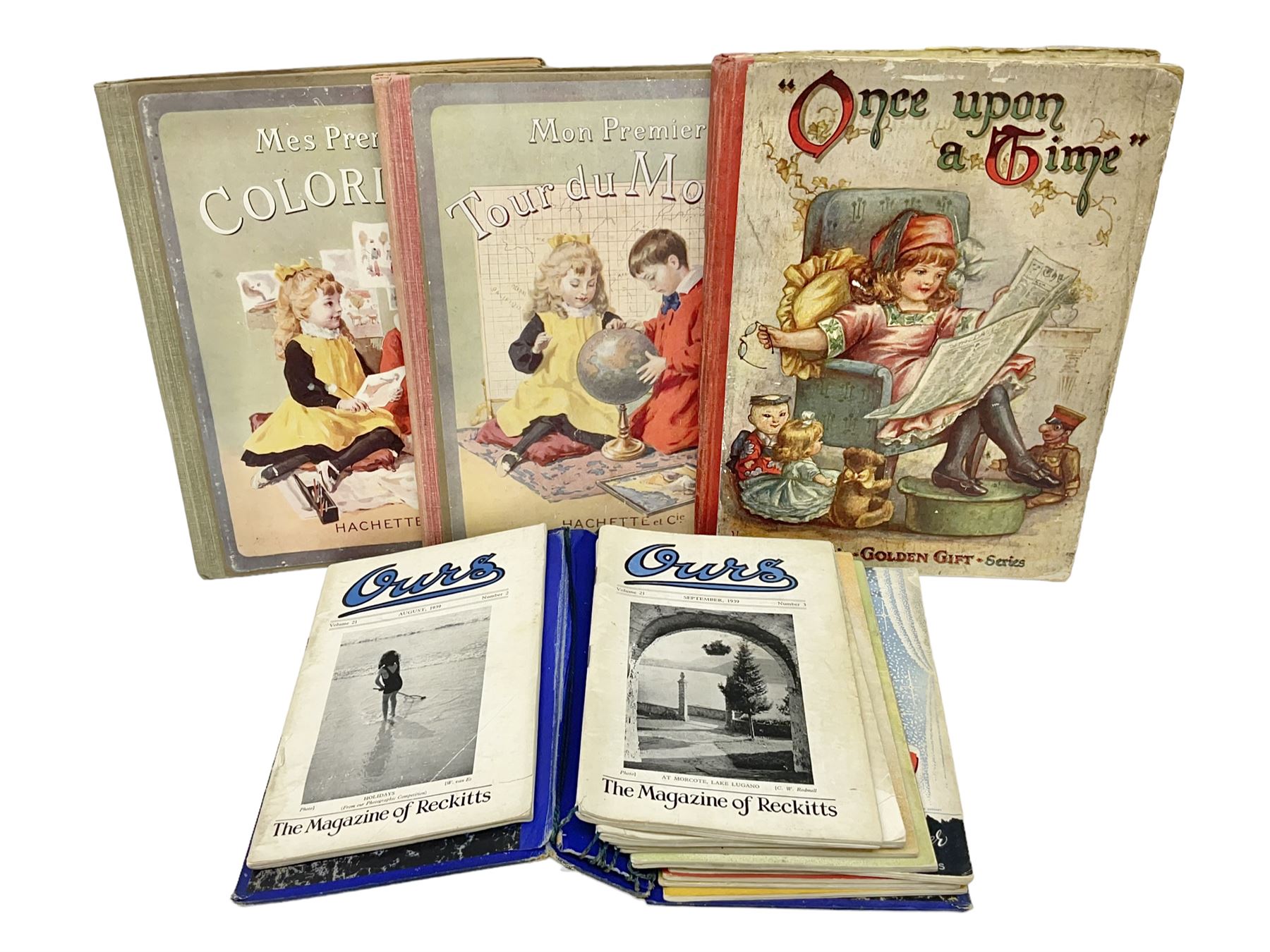 Three Childrens books, comprising Father Tuck's Once Upon a Time and two french books by Hachette et Cie, together with a folder of Ours The Magazine of Reckitts