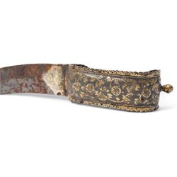 19th century South Indian  dagger (Bichwa) with curved blade, gilt floral damascened grip and gilt metal mounted sheath L36cm overall