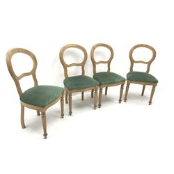 Set four balloon back beech chairs, upholstered seats, turned tapering reed supports, W51cm