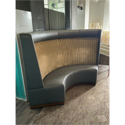 Curved restaurant bar seat, upholstered in grey leather and striped fabric- LOT SUBJECT TO VAT ON THE HAMMER PRICE - To be collected by appointment from The Ambassador Hotel, 36-38 Esplanade, Scarborough YO11 2AY. ALL GOODS MUST BE REMOVED BY WEDNESDAY 15TH JUNE.