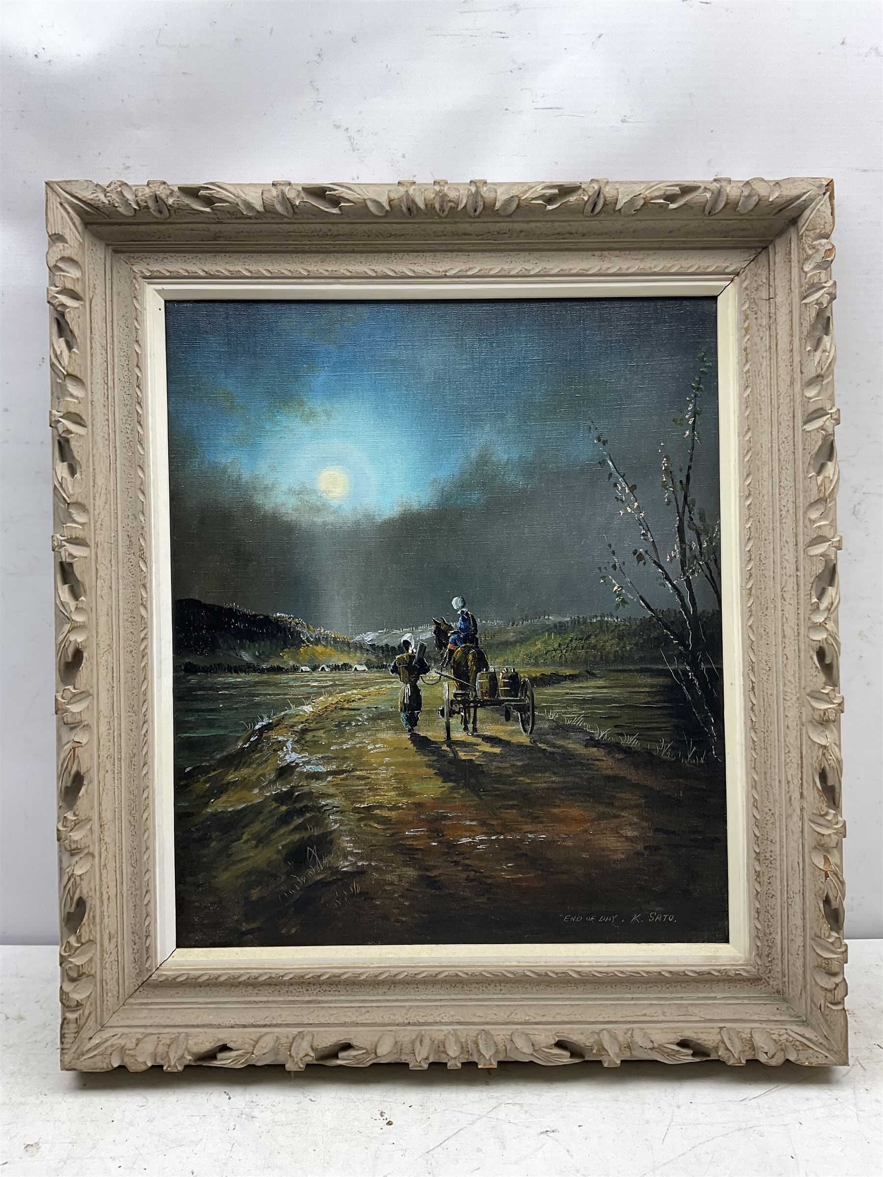 K Sato (Japanese 20th century): 'End of Day', oil on canvas signed and titled 52cm 44cm 
Provenance: purchased by Andrew D Sakellariou, Yokohama Xmas 1956, inscribed on stretcher