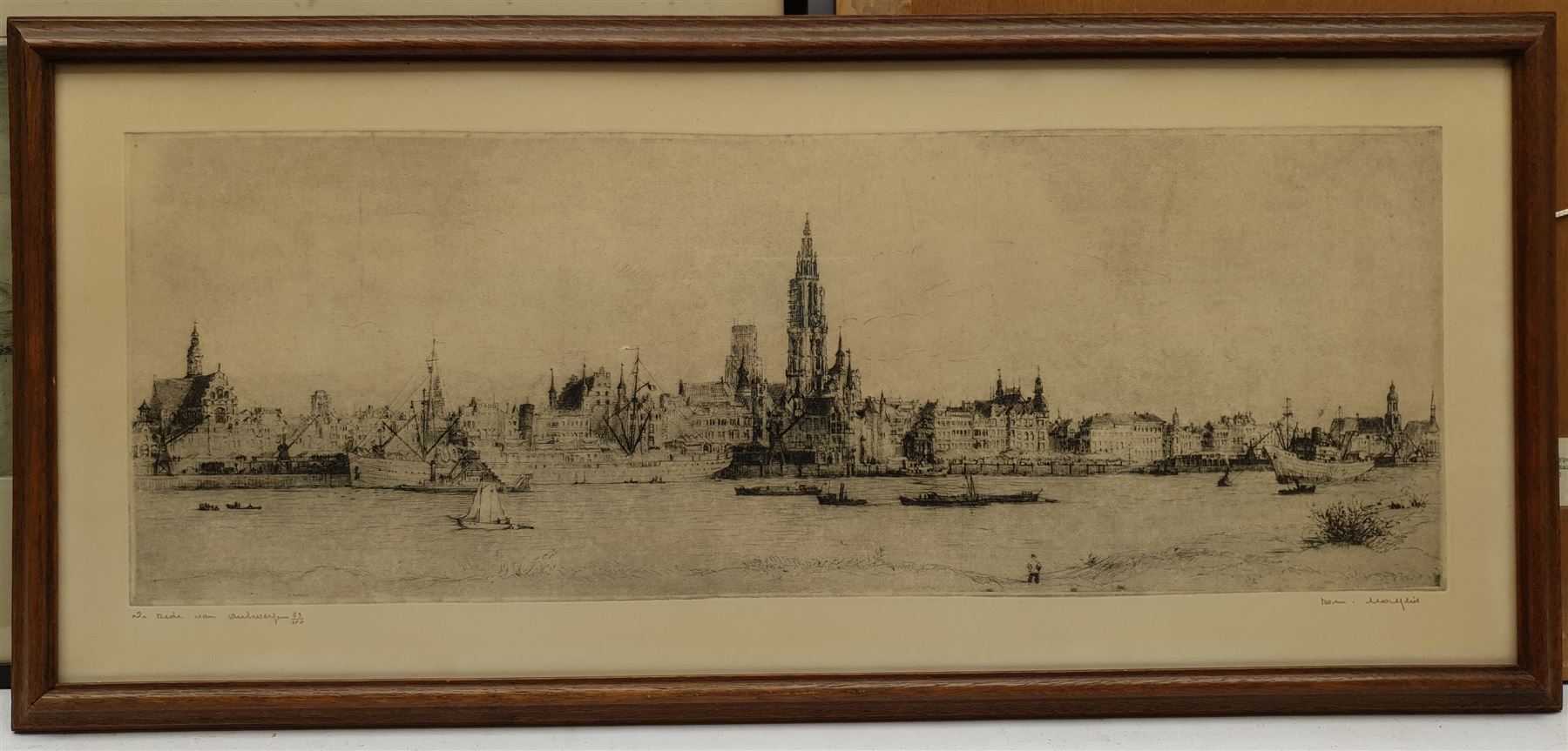 Douglas Ian Smart (British 1879-1970): 'Limoges', drypoint etching signed in pencil, titled verso on gallery label; Romain Malfliet (Belgian 1910-2006): Busy Continental River, etching signed titled and numbered 43/100 in pencil; and a further Scottish coastal etching signed Walter Towers, max 24cm x 68cm (3)