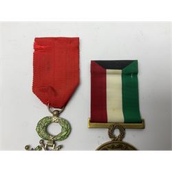 RAOB jewel Bourn Lodge 9394 with 25 years bar; two masonic jewels and triangular pendant watch; British Iron Cross style propaganda medallion; French Legion of Honour and Combatants Cross; and three foreign medals