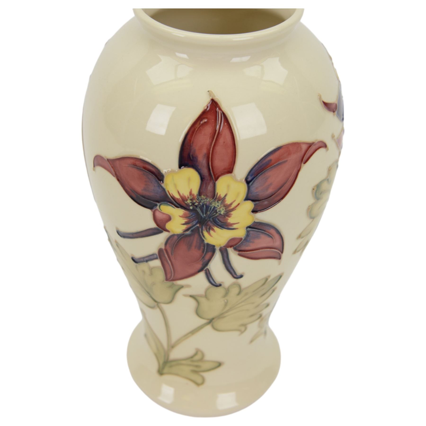 Moorcroft Columbine pattern vase, of baluster form on a cream ground, H26cm
