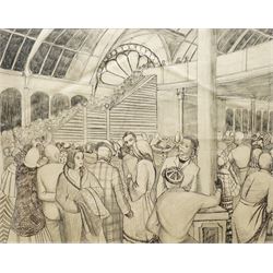 Attrib. Sir Stanley Spencer (British 1891-1959): A Bustling London Train Station, pen and pencil sketch faintly signed, circa late 1920s, 46cm x 60cm
Notes: The composition is filled with Spencer’s characteristic attention to human forms, each figure drawn with individuality and subtle emotion, capturing the energy and movement of a public space.The work's dense, rhythmic crowd scene and architectural grandeur, are reminiscent of his exploration of human interaction in both public and spiritual contexts, particularly during this time period.