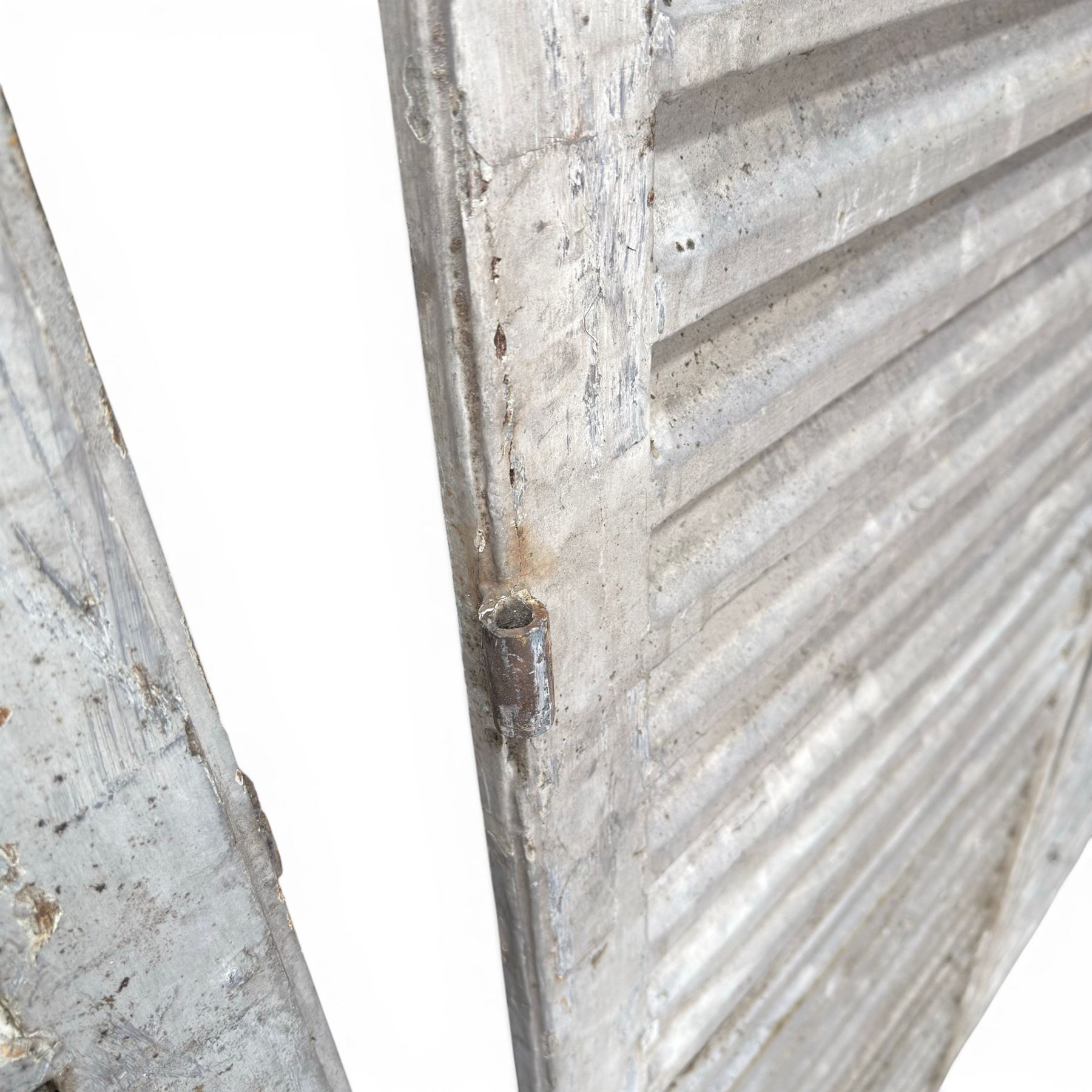 Five 19th century full height French Chateau louvre doors, pitch pine painted in cream finish, two having iron rod hinges, dimensions approx.