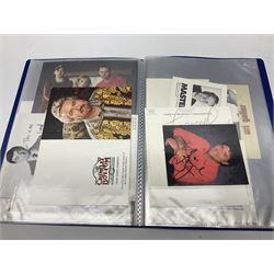 Two folders of over fifty photographs, cards, compliment slips etc of actors, actresses, celebrities, politicians, sports personalities etc, all bearing signatures, including David Frost, Lloyd Grosman, John Suchet, Julia Somerville and othe GMTV presenters, Carol Vorderman, Jackie Collins, Rolf Harris, Timothy Dalton, Pete Postlethwaite, Magnus magnusson, John Major, Kate Moss, Uri Geller, David Beckham, Peter Alliss, Sharon Davies, Kevin Keegan etc