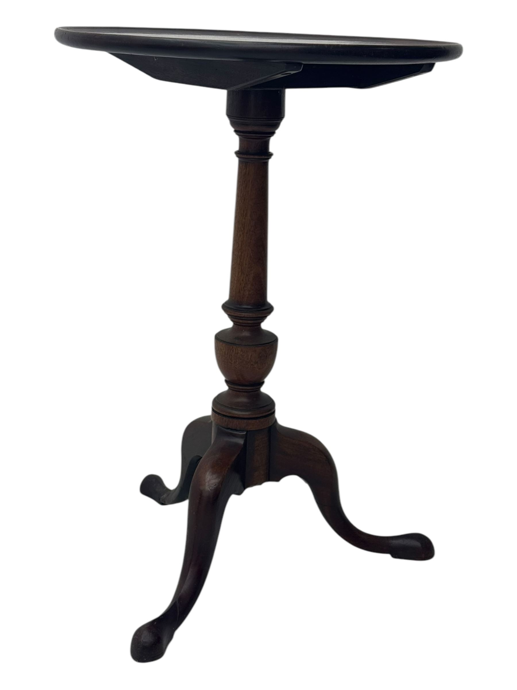 Early 19th century mahogany tripod table, dished top, turned column, cabriole legs on pad feet