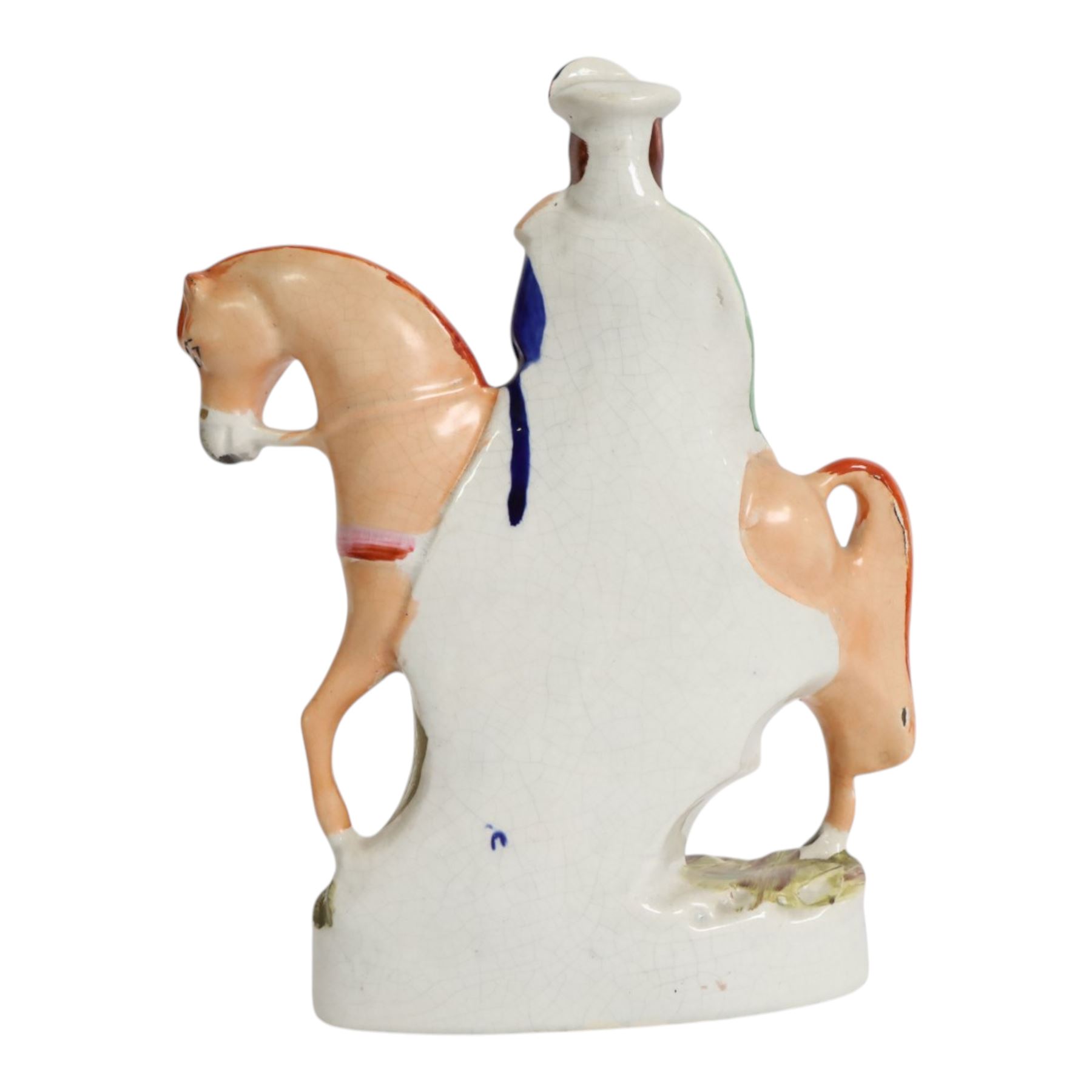Group of Staffordshire figures, mostly Highland examples, to include figure with bagpipes upon horseback, figure group of Highland Mary and Byron, two figure groups depicting pair of dancers holding flag aloft, two pairs of recumbent sheep, one pair with fags, largest example H30cm