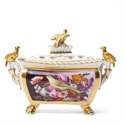 Early 19th century bough pot, hand-painted to each side with birds, modelled with bird lif...
