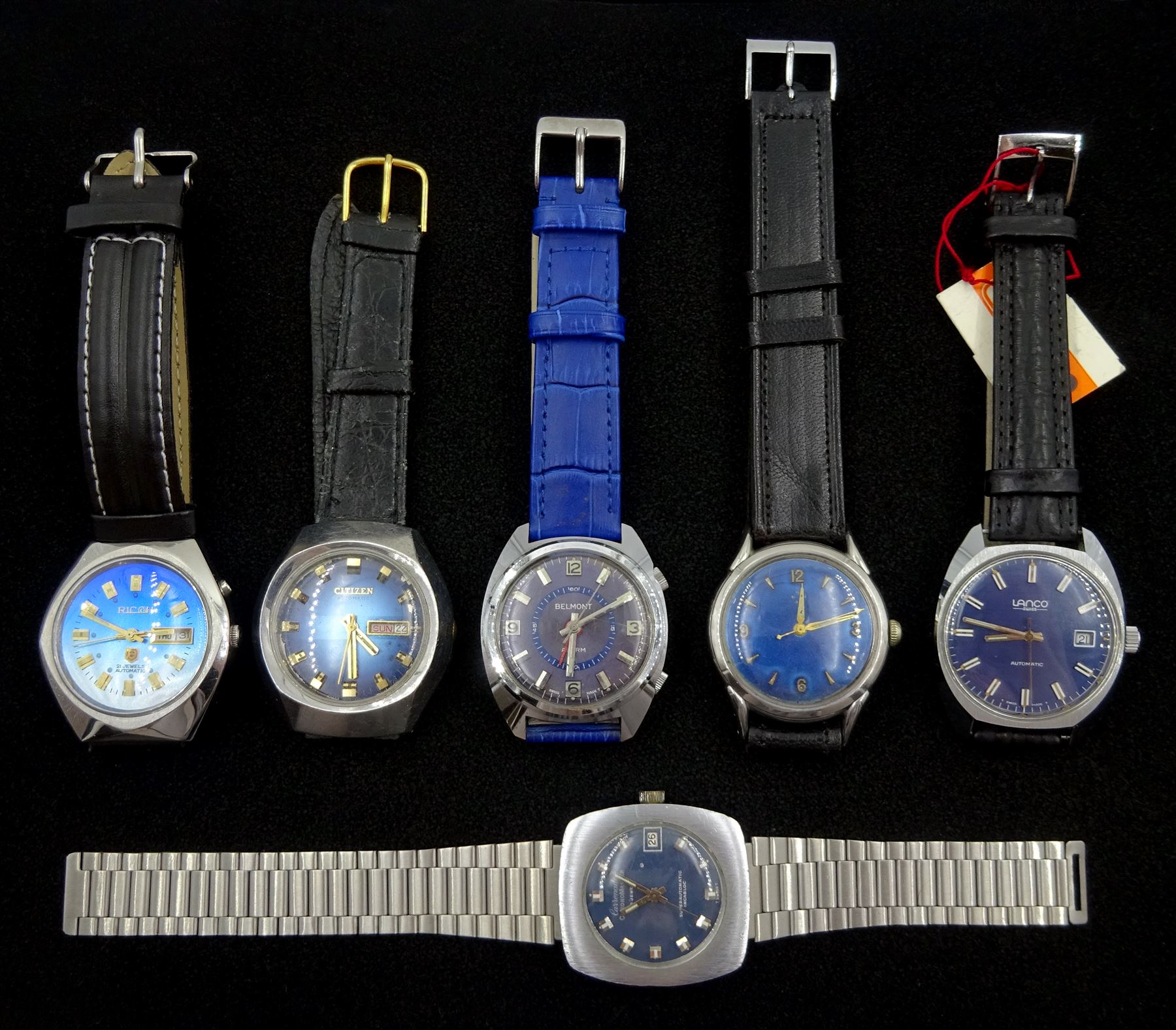 Five gentleman's automatic wristwatches including Erterna, Carronade Chronomaster, Citizen, Ricoh and Lanco and a Belmont manual wind alarm wristwatch, all with blue dials