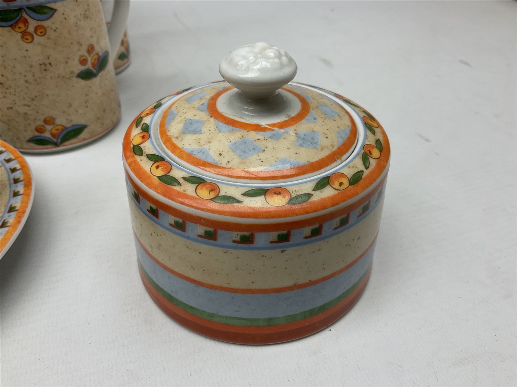 Villeroy & Boch Gallo design Switch 4 Naranja & Nazare pattern tea and dinner wares, to include seven dinner plates, twin handled lidded tureen, five mugs, four saucers, jug, lidded sucrier, large bowl,  seven ramekins, various side plates, two bowls etc