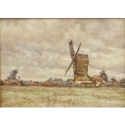  Suburban Landscape with Horses and Windmill and Town River Bank with Bridge, two early 20th century watercolours signed J D Walker 27.5cm x 38cm (2)  