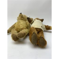 Early 20th century cinnamon coloured bear c1920, possibly continental, with unusual hedgehog styled head/face, swivel jointed head, wood wool filled body with jointed limbs, five claw stitches to feet  and inoperative growler mechanism H16