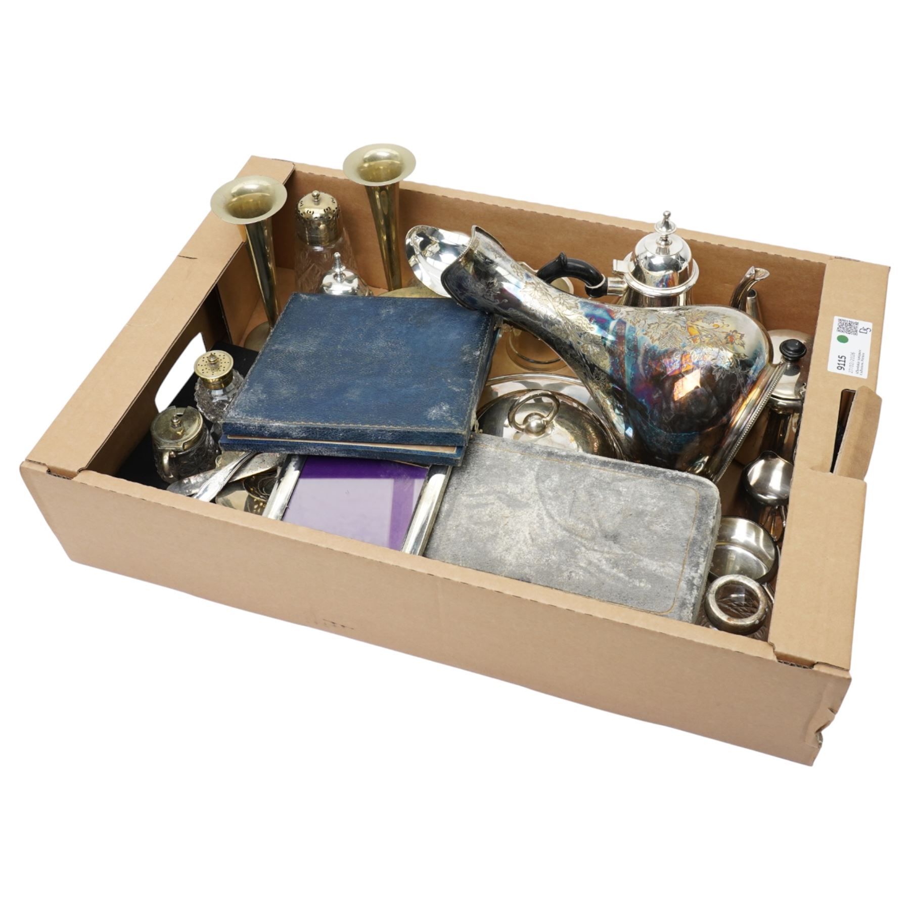 Engraved plated ewer, hotel plate tea set, muffin dish and cover and other plated items