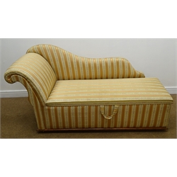  Victorian upholstered ottoman, shaped back with scrolled arm rest and hinged seat, L175cm  