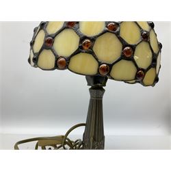 Art Deco style table lamp with a frosted glass shade with glass tassels, together with two other similar examples and another frosted glass shade