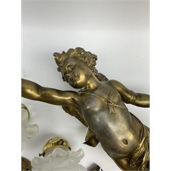 Late 19th century spelter hanging light in the form of a cherub, with two  clear glass shades