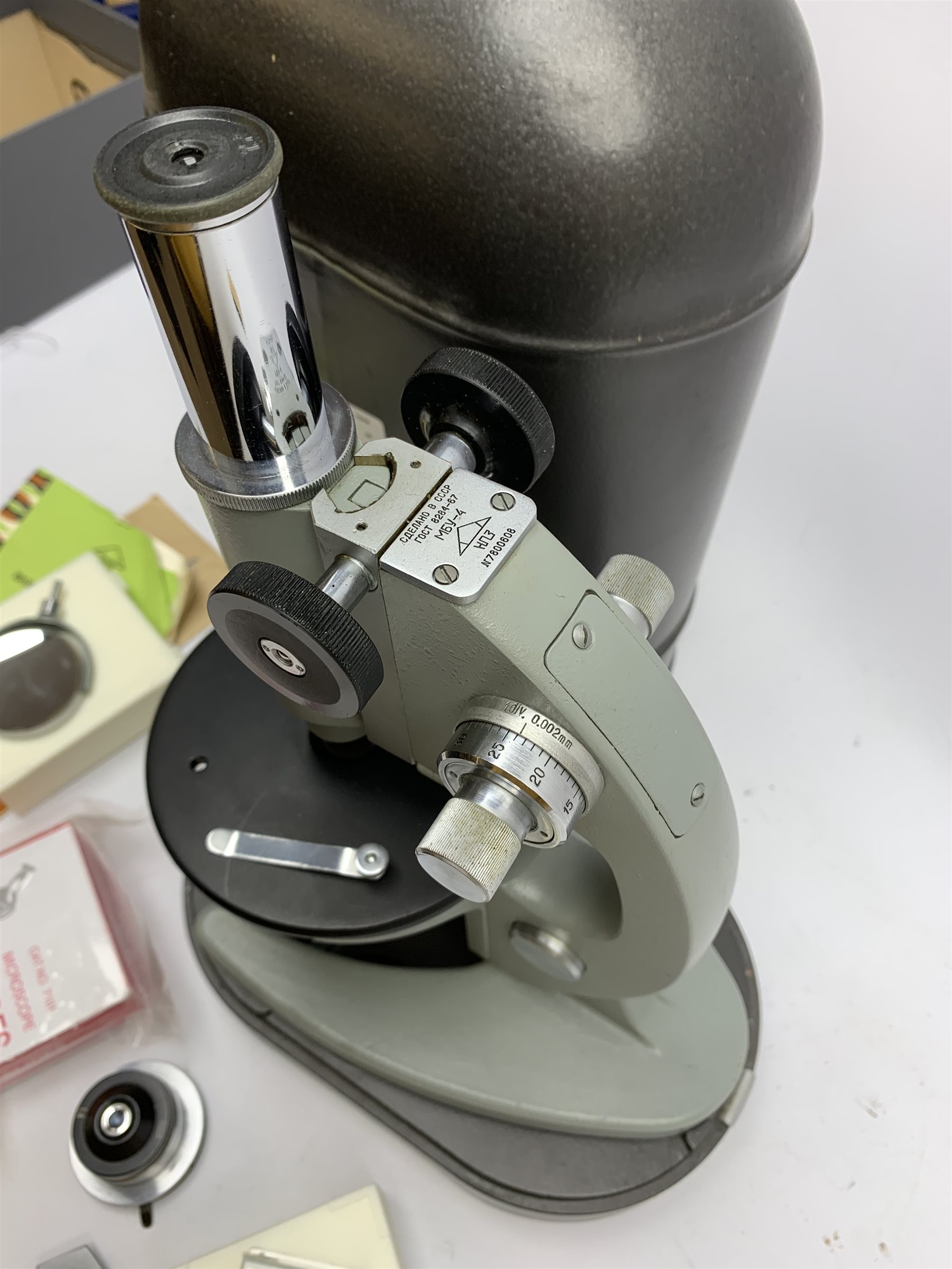 20th century Russian biological simplified monocular microscope, black and grey metal with rack and pinion focusing, in metal case with two additional lenses, instructions dated 1978 etc H34cm