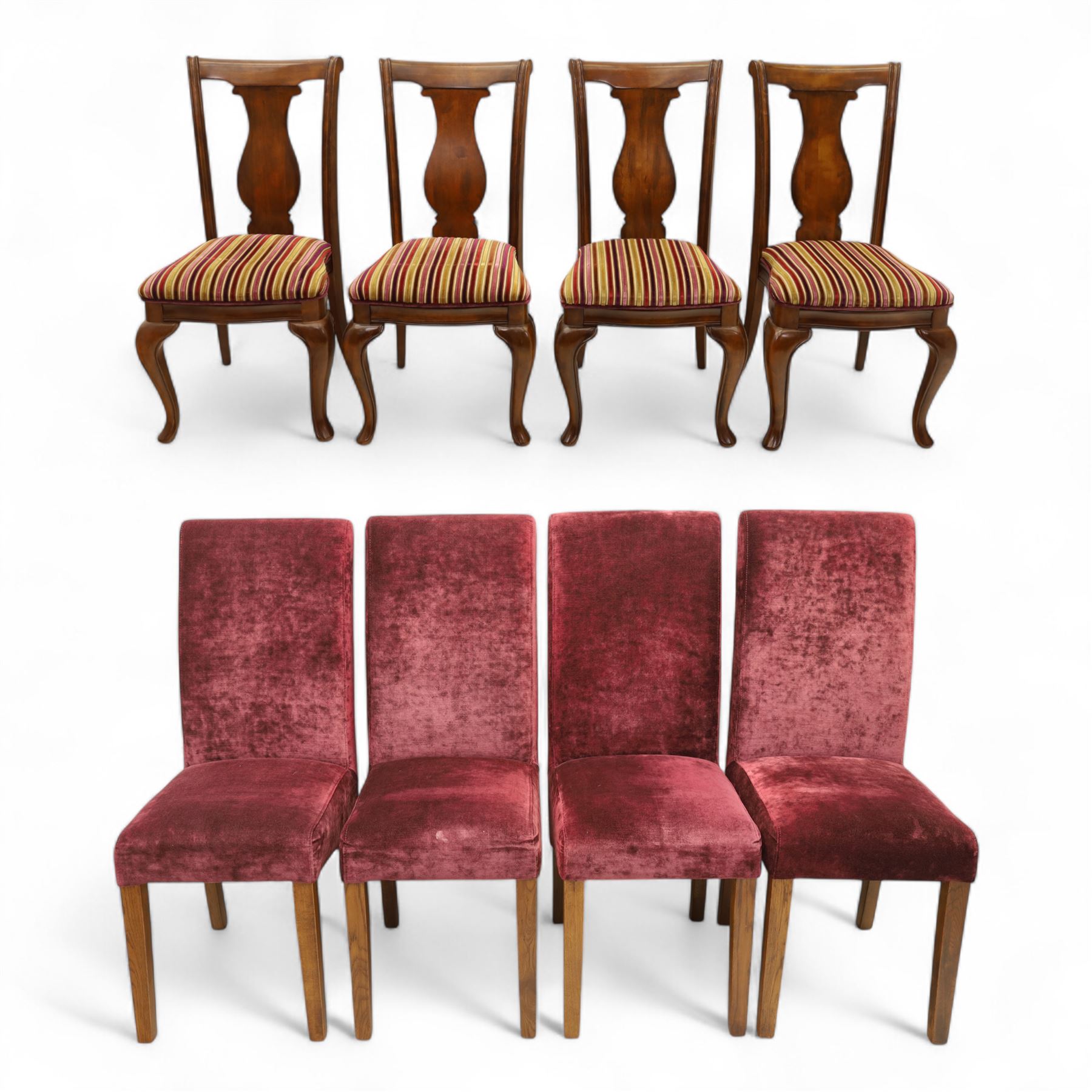 Willis & Gambier - mahogany extending dining table, rectangular top with rounded corners on cabriole legs, with two 35cm extension leaves, four Willis & Gambier upholstered high back chairs and four mahogany chairs, upholstered in a stripped multi-coloured velvet fabric, with scroll-shaped top rail, lyre-shaped back splat on cabriole legs, chairs W46xD91x97cm (11) 