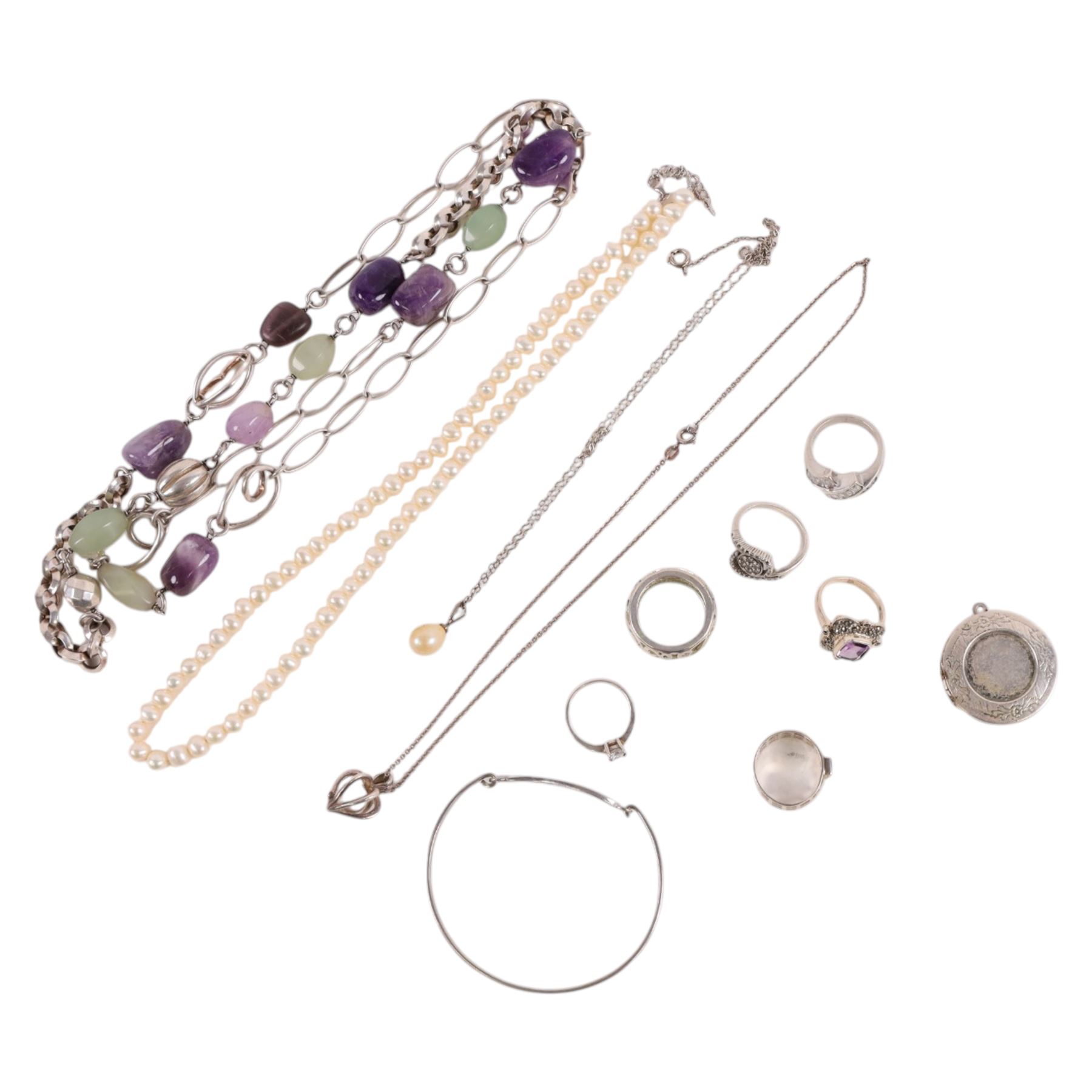 Silver and silver stone set jewellery, including cultured pearl necklace, rings, pendants, etc