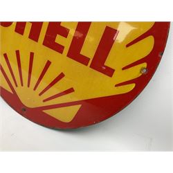 Circular enamelled red and yellow sign depicting Shell logo and text, D40cm