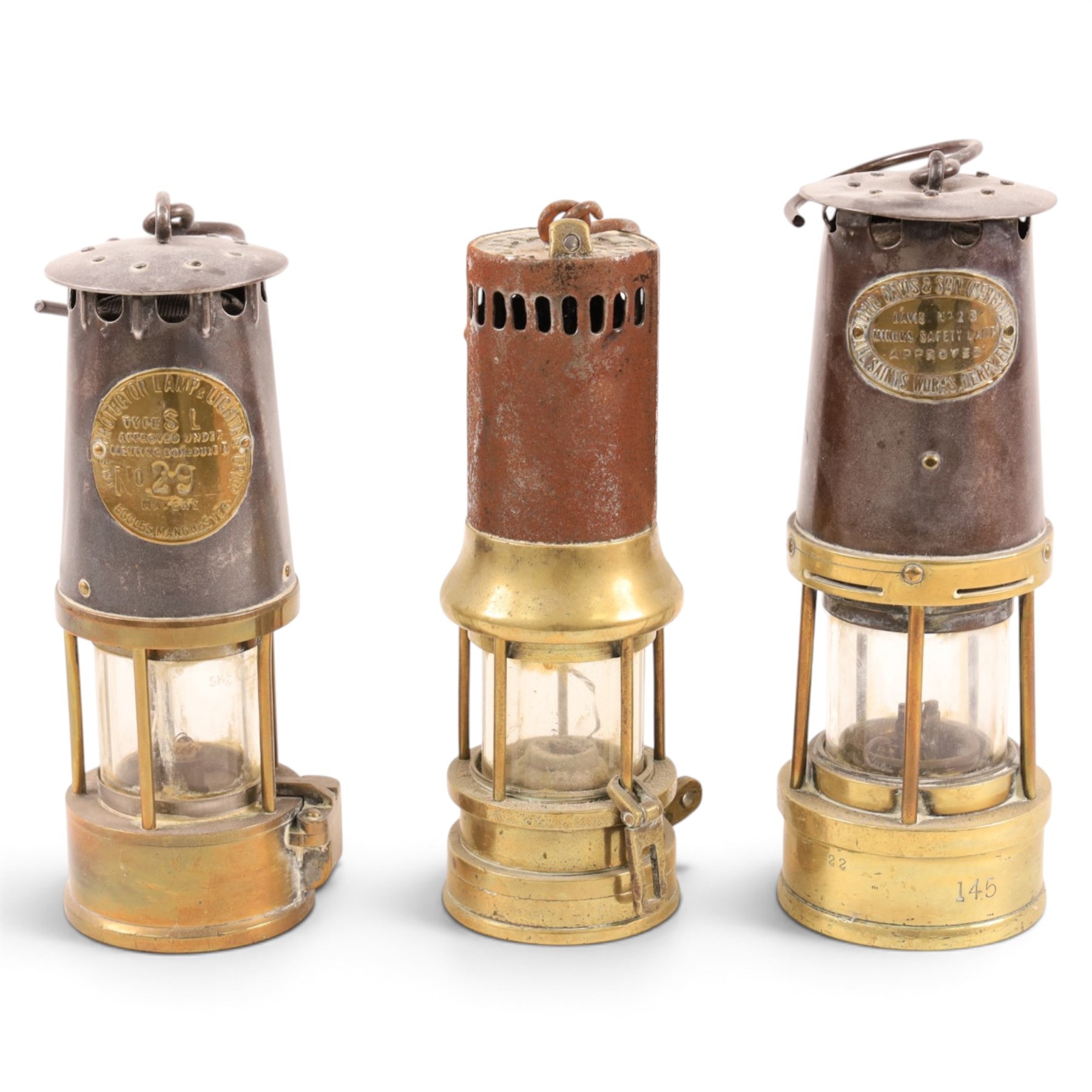 Three mining lamps, including John Davis & Son no. 2 B safety lamp, Protector Lamp & Lighting Co Type SL no. 29 lamp and one other