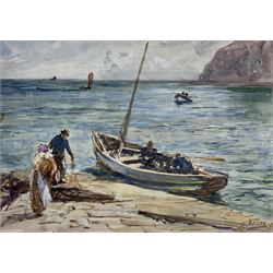 Robert Jobling (Staithes Group 1841-1923): Preparing to Launch a Coble at Staithes, watercolour signed and dated '11, 23cm x 33cm
