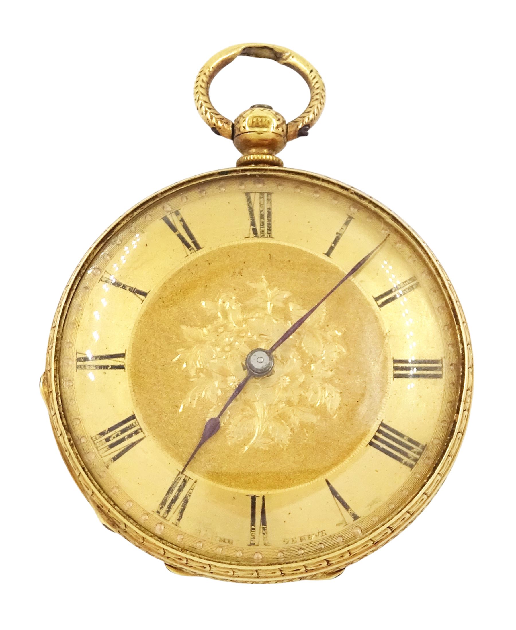 19th century 18ct gold open face key wound cylinder pocket watch by Baume, Geneve, gilt dial with Roman numeral hour markers, back case with engraved foliate decoration, stamped 18K