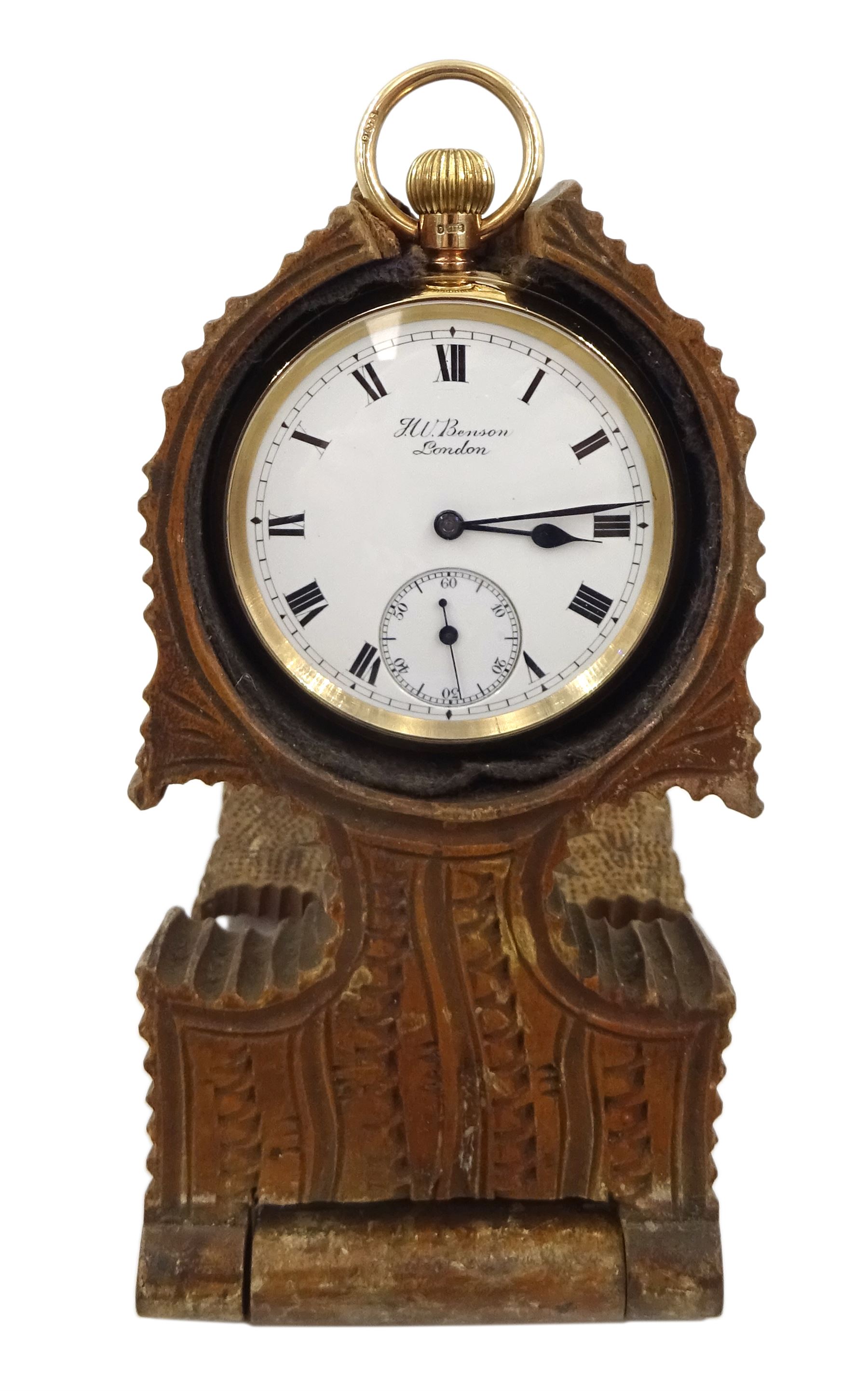 Early 20th century 9ct gold open face keyless lever 'The Bank' pocket watch by J.W.Benson, London, No. 5853, white enamel dial with Roman numerals and subsidiary seconds dial, London 1924, with original box and wooden stand