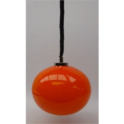  Retro orange glass light fitting, of globular form with rise and fall action and chrome mounts, D30cm   
