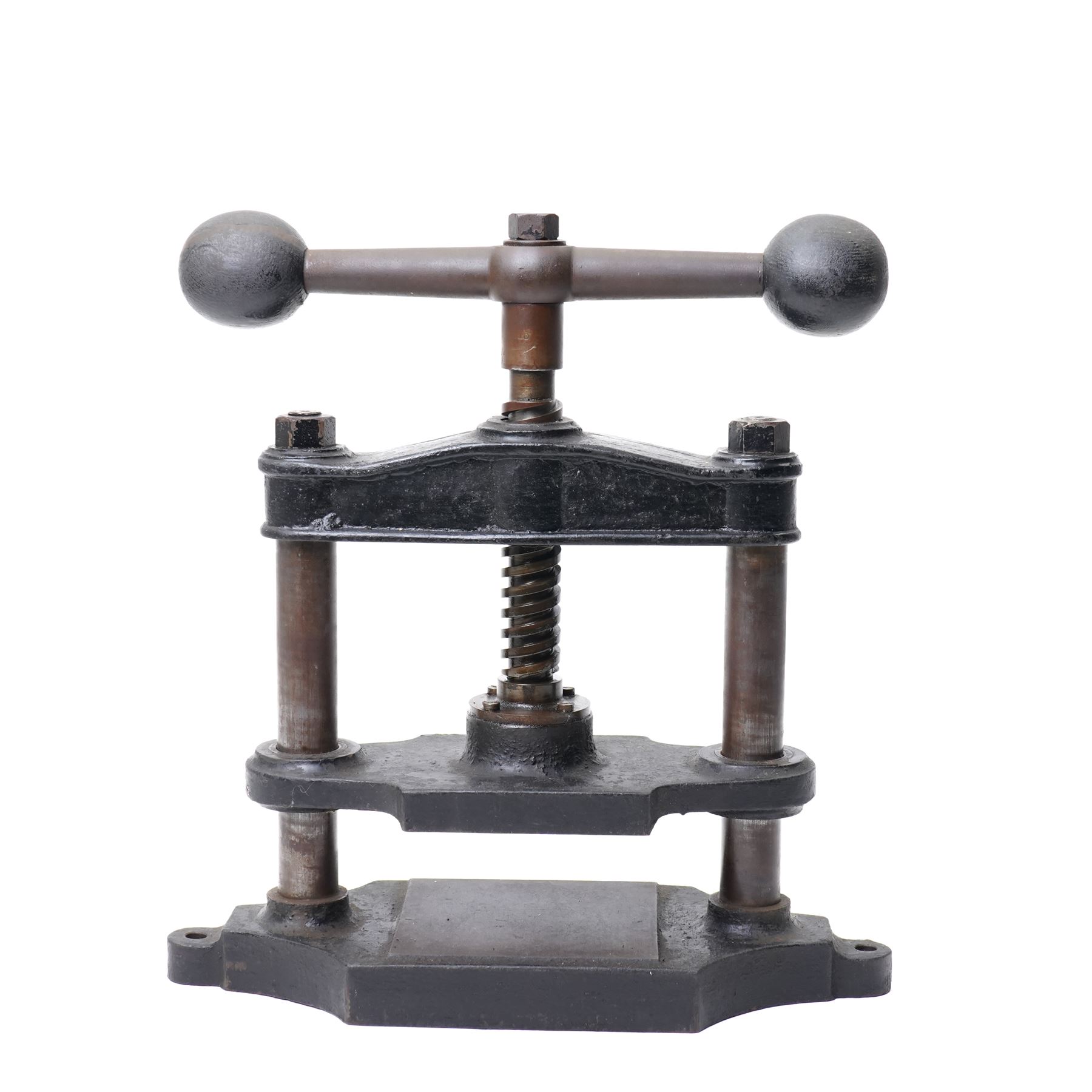 19th century cast iron book press, with large winding handle, H38cm 
