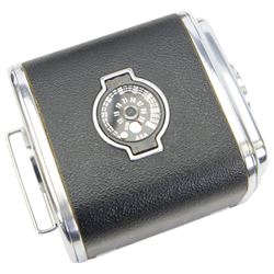 Hasselblad 500C/M medium format camera body, in chrome and black finish, serial no. UH129822, made in Sweden circa 1972, with Carl Zeiss planar 1:3.5 f=100mm lens, serial no. 5195173, wide angle lens hood, two film backs