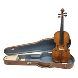 20th century French violin with 36cm one-piece maple back and ribs and spruce top L59cm overall; in mahogany stained wooden carrying case