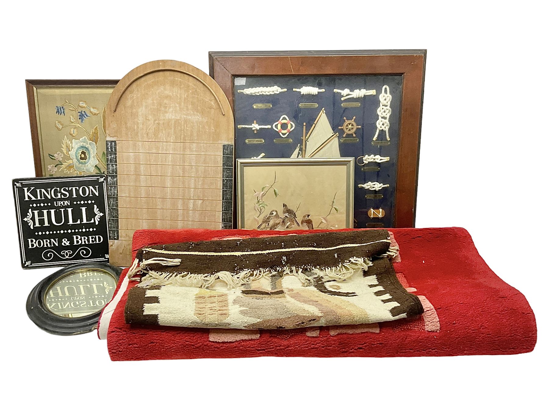 Shove ha'penny board, together with a maritime diorama, small oval mirror, rugs etc