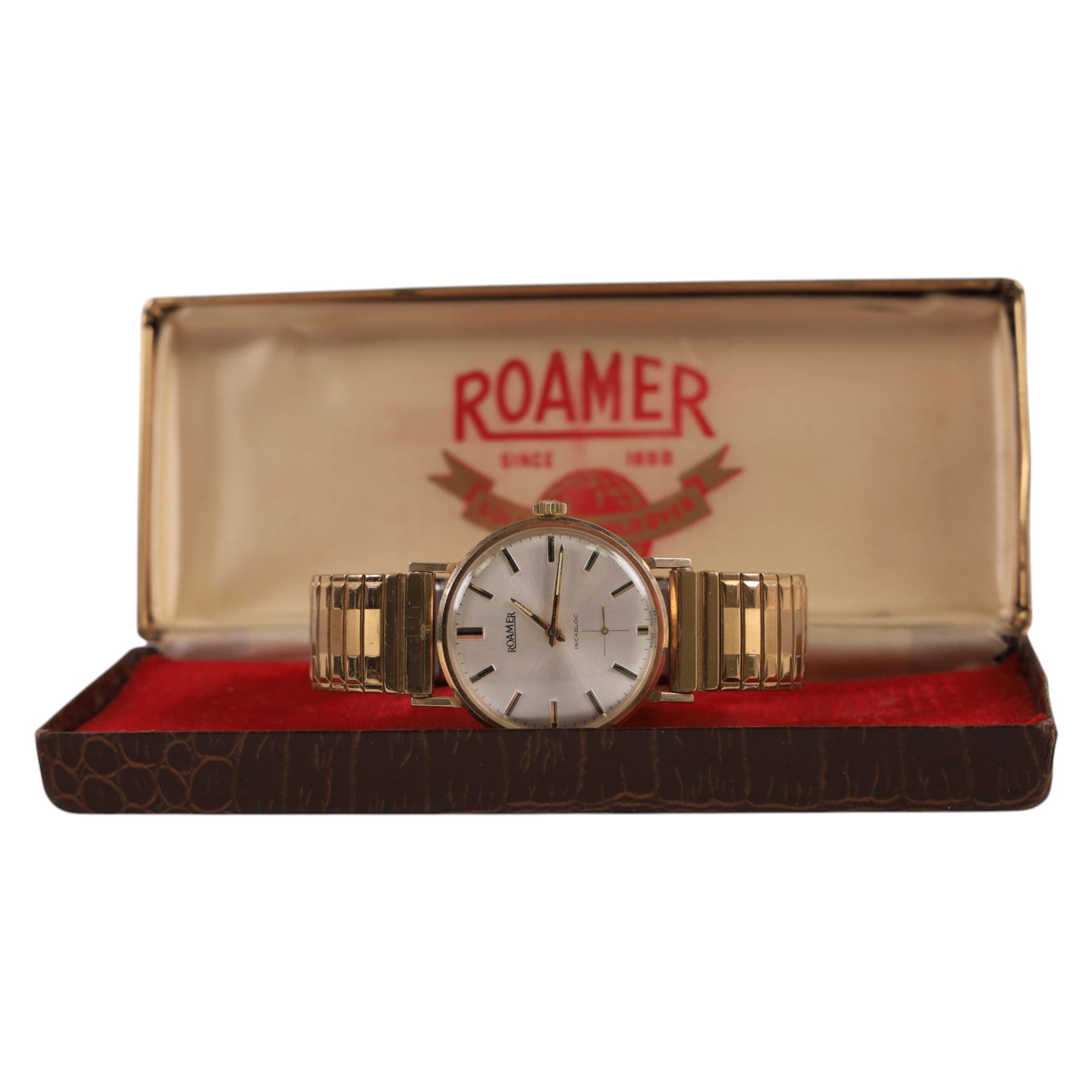 Roamer 9ct gold cased presentation wristwatch, with inscription to back case, on expanding base metal strap, boxed